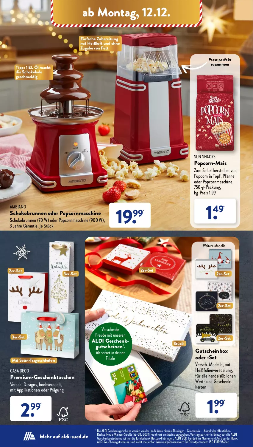 Aktueller Prospekt AldiSud - IN ZWEI WOCHEN - von 12.12 bis 17.12.2022 - strona 12 - produkty: aldi, ambia, Bank, brunnen, casa deco, dell, eis, elle, erde, Geschenktasche, gutschein, gutscheine, LG, mac, mais, Mode, pfanne, popcorn, Popcornmaschine, reis, ring, schoko, schokolade, snack, snacks, Sun Snacks, Tasche, taschen, Ti, topf