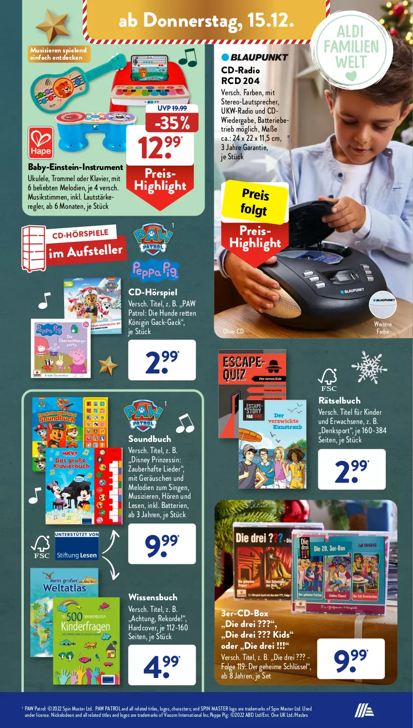 Aktueller Prospekt AldiSud - IN ZWEI WOCHEN - von 12.12 bis 17.12.2022 - strona 31 - produkty: batterie, batterien, buch, decke, deo, disney, eis, elle, gin, Hasbro, Kinder, lautsprecher, LG, Paw Patrol, Peppa Pig, Radio, reis, rel, rum, Soundbuch, Spiele, Sport, teller, Ti, trommel