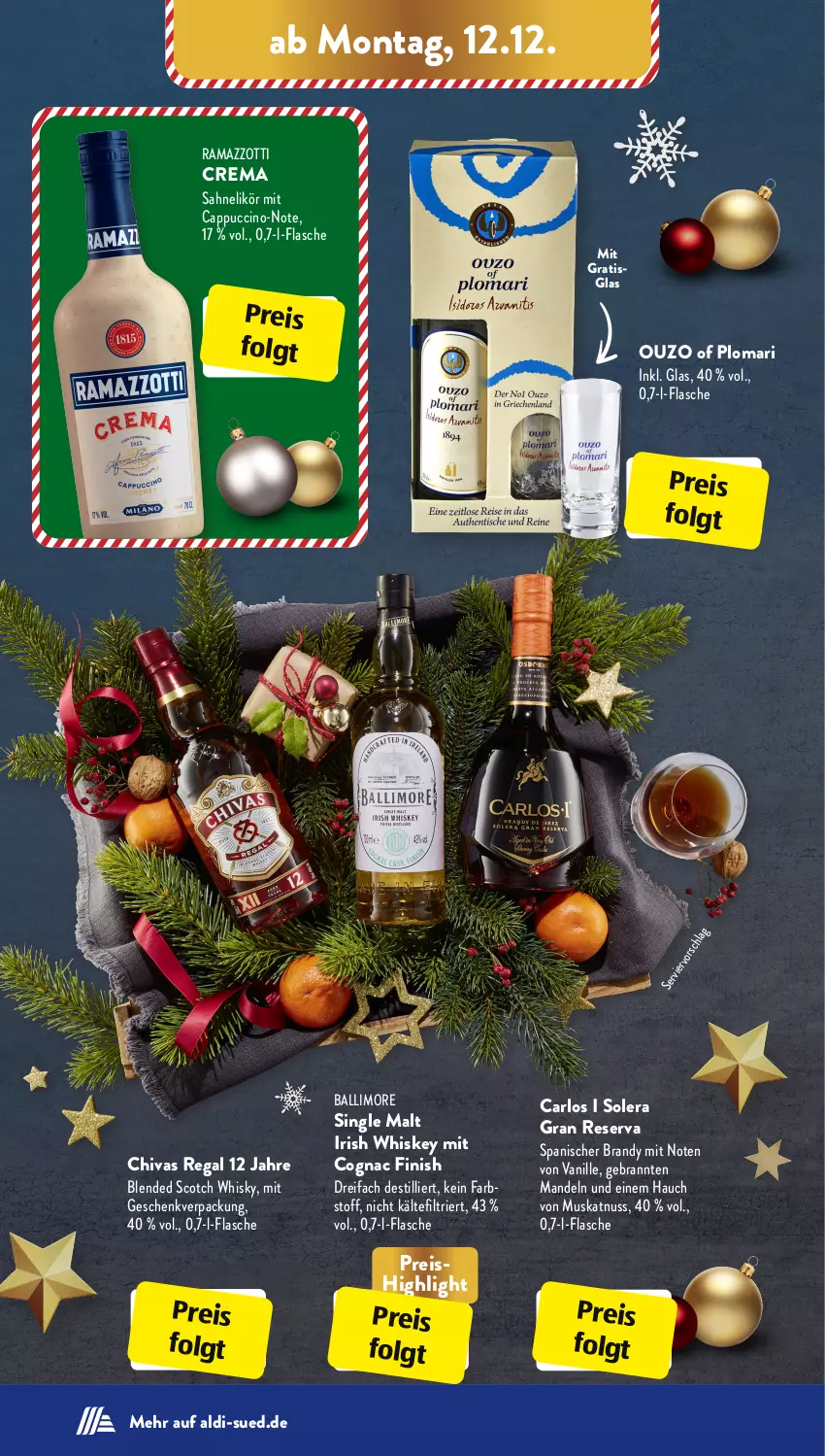 Aktueller Prospekt AldiSud - IN ZWEI WOCHEN - von 12.12 bis 17.12.2022 - strona 8 - produkty: aldi, arlo, ball, blended scotch, blended scotch whisky, Cap, cappuccino, cin, Cognac, eis, Finish, flasche, irish whiskey, LG, likör, limo, mandel, mandeln, Muskatnuss, nuss, ouzo, rama, ramazzott, ramazzotti, regal, reis, sahne, scotch, scotch whisky, single malt, Ti, vanille, whiskey, whisky, zott