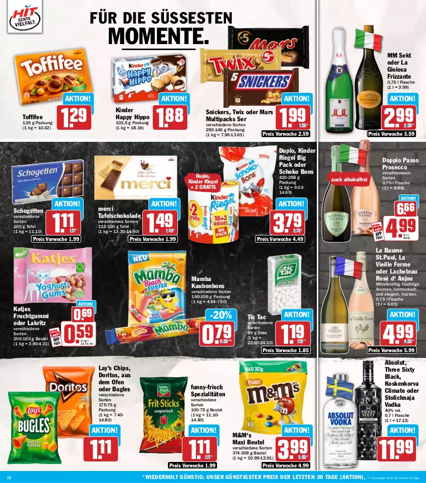 Aktueller Prospekt Hit - Wochenprospekt - von 28.07 bis 02.08.2025 - strona 12 - produkty: alkohol, Bau, beutel, bonbons, bugles, chips, doppio passo, Doritos, duplo, ecco, eis, ente, flasche, frizzante, frucht, fruchtgummi, funny-frisch, hipp, katjes, Kinder, kinder riegel, La Gioiosa, lack, Lakritz, mam, mars, merci, oder lakritz, Ofen, passo, prosecco, reis, riegel, schogetten, schoko, schokolade, sekt, snickers, Spezi, tafelschokolade, Three Sixty, Ti, toffifee, twix, vodka, ZTE