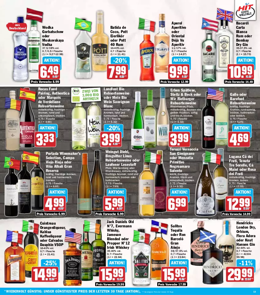 Aktueller Prospekt Hit - Wochenprospekt - von 28.07 bis 02.08.2025 - strona 13 - produkty: ACC, amaro, aperol, bacardi, batida, bio, burger, campo viejo, dell, dry gin, eier, eierlikör, eis, elle, erde, flasche, frucht, früchte, früchten, gallo, gin, Gorbatschow, irish whiskey, jack daniel, jack daniels, jameson, kaffee, Laufen, likör, liqueur, london dry, moskovskaya, orange, orangen, primitivo, rebsortenweine, reis, rel, ring, rioja, rum, saft, sauvignon, sauvignon blanc, tequila, Ti, vodka, wein, weine, whiskey, whisky, wodka, ZTE