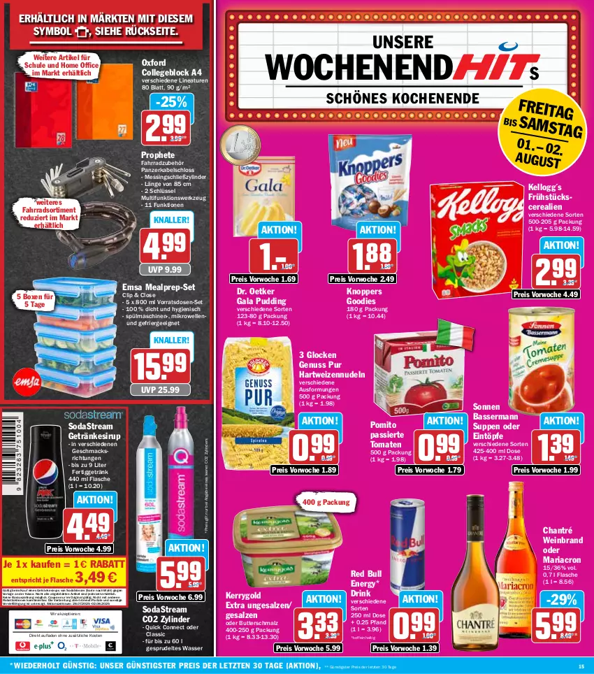 Aktueller Prospekt Hit - Wochenprospekt - von 28.07 bis 02.08.2025 - strona 15 - produkty: Brei, butter, Butterschmalz, cerealien, chantré, collegeblock, coupon, Dr. Oetker, drink, eintöpfe, eis, elle, emsa, Ergee, Fahrrad, flasche, getränk, getränke, getränkesirup, gin, hartweizen, kerrygold, kerrygold extra, knoppers, mac, malz, mariacron, mikrowelle, nudel, nudeln, nuss, office, pomito, prophete, pudding, red bull, reis, Ria, salz, Schmalz, sirup, Soda, sodastream, Sprudel, spülmaschinen, suppe, suppen, Ti, Tiere, tomate, tomaten, wasser, wein, weinbrand, werkzeug, ZTE