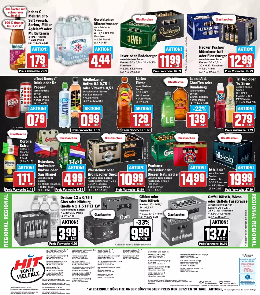 Aktueller Prospekt Hit - Wochenprospekt - von 28.07 bis 02.08.2025 - strona 19 - produkty: adelholzener, Alwa, angebot, angebote, apfel, apfelsaft, auer, Bad, Berger, bier, bio, braun, brause, budweiser, Bundaberg, burger, corona, corona extra, decke, Deckel, drink, Effect, eimer, eis, eistee, elle, Engel, fassbrause, fisch, flasche, flensburger, fritz, fritz-kola, frucht, gerolsteine, gerolsteiner, glasflasche, gösser, hacker pschorr, heineken, Hohes C, Holz, jever, krombache, krombacher, lipton, Lübecker, mineralwasser, natur, orange, Paula, paulaner, radeberger, radler, Rauch, reis, saft, sirup, Spezi, steiner, tee, Ti, uhr, vita, warsteiner, wasser, weissbier, Yo, ZTE