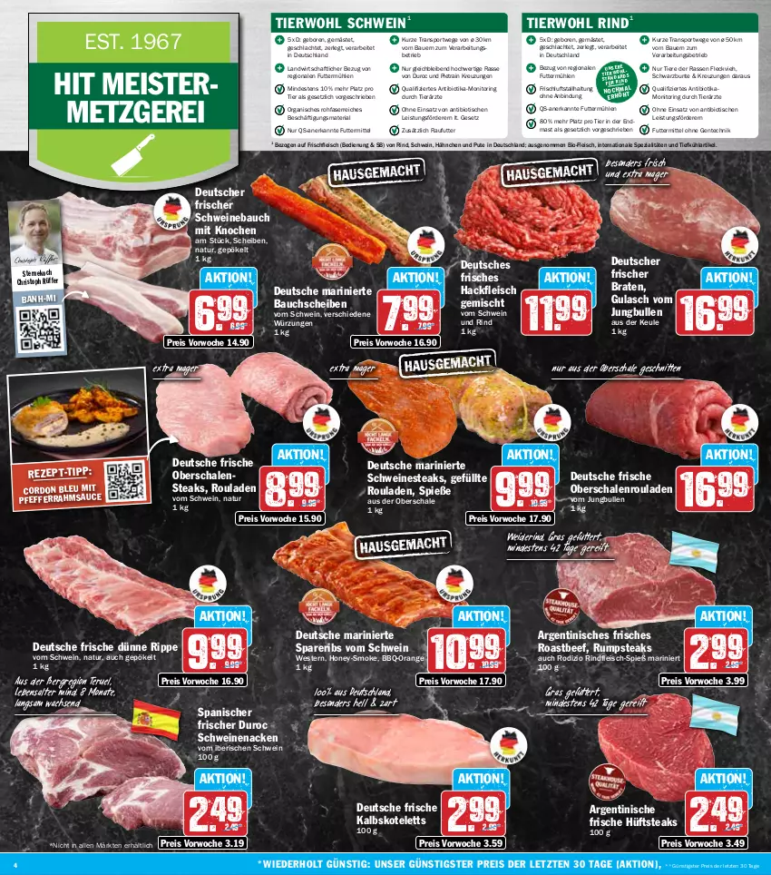 Aktueller Prospekt Hit - Wochenprospekt - von 28.07 bis 02.08.2025 - strona 4 - produkty: auer, Bau, bauchscheiben, Bauer, beef, bio, braten, cordon bleu, eis, ente, fleisch, Geflügel, gulasch, hackfleisch, hackfleisch gemischt, hüftsteak, hüftsteaks, jungbullen, kalbskotelett, kotelett, Meister, monitor, natur, Nestea, Oberschalenrouladen, orange, pfeffer, pute, reis, Ria, rind, rindfleisch, ring, roastbeef, rouladen, rum, rumpsteak, sauce, Schal, Schale, schnitten, schwein, schwein und rind, schweine, Schweinebauch, schweinenacken, spareribs, Spezi, Sport, steak, steaks, Ti, Tiere, tisch, vom schwein und rind, wein, weine, Weste, ZTE