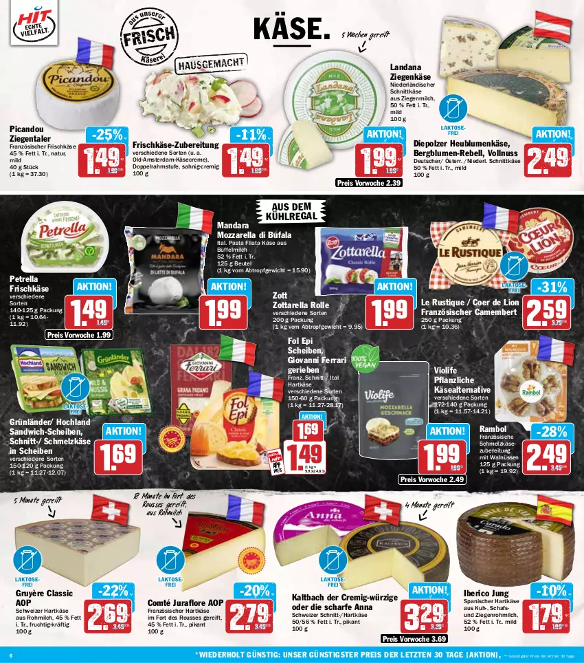 Aktueller Prospekt Hit - Wochenprospekt - von 28.07 bis 02.08.2025 - strona 6 - produkty: aus dem kühlregal, beutel, blume, blumen, camembert, comté, creme, di bufala, doppelrahmstufe, eis, fol epi, frischkäse, frucht, grünländer, hartkäse, Heu, hochland, Jura, Käse, kühlregal, Le Rustique, lion, milch, mozzarella, natur, niederländischer schnittkäse, nuss, pasta, petrella, rebell, regal, reis, rel, sandwich, sandwich-scheiben, Schmelzkäse, schmelzkäsezubereitung, schnittkäse, schweizer hartkäse, Ti, ziegenkäse, zott, zottarella, ZTE