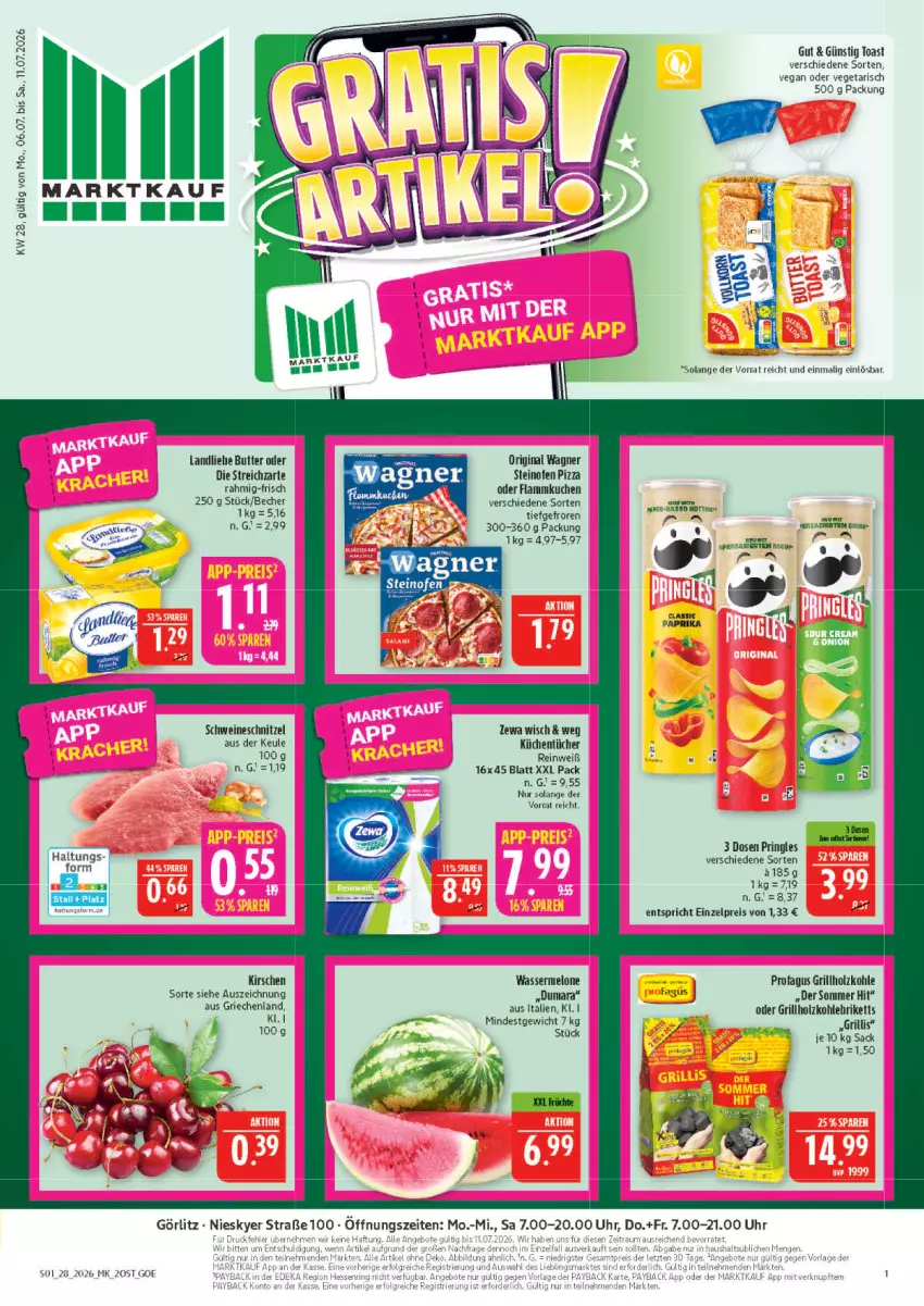 Aktueller Prospekt Marktkauf - Prospekt - von 05.07 bis 11.07.2026 - strona 1 - produkty: Becher, briketts, butter, eis, flammkuchen, gin, grill, grillholzkohle, Holz, holzkohle, kirsch, kirsche, kirschen, küche, Küchen, kuchen, küchentücher, lamm, melone, Ofen, original wagner, pizza, pringles, profagus, reis, ring, sac, schnitzel, schwein, schweine, schweineschnitzel, steinofen, steinofen pizza, Streichzart, Ti, toast, tücher, uhr, Vegeta, wagner, wasser, wassermelone, wein, weine, zewa