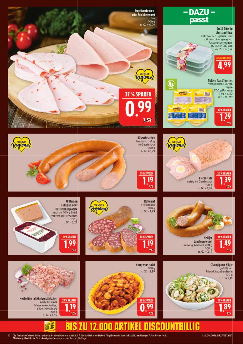 Aktueller Prospekt Marktkauf - Prospekt - von 05.07 bis 11.07.2026 - strona 12 - produkty: asti, aufschnitt, champignon, curry, currywurst, eier, eis, elle, frischkäse, frischkäsezubereitung, Geflügel, golden toast, gurke, gurken, Käse, landleberwurst, leberwurst, mac, mikrowelle, pastete, pfeffer, reis, ring, Rotwurst, salat, schwein, spülmaschinen, Ti, toast, wein, wiltmann, wurst, würstchen, ZTE