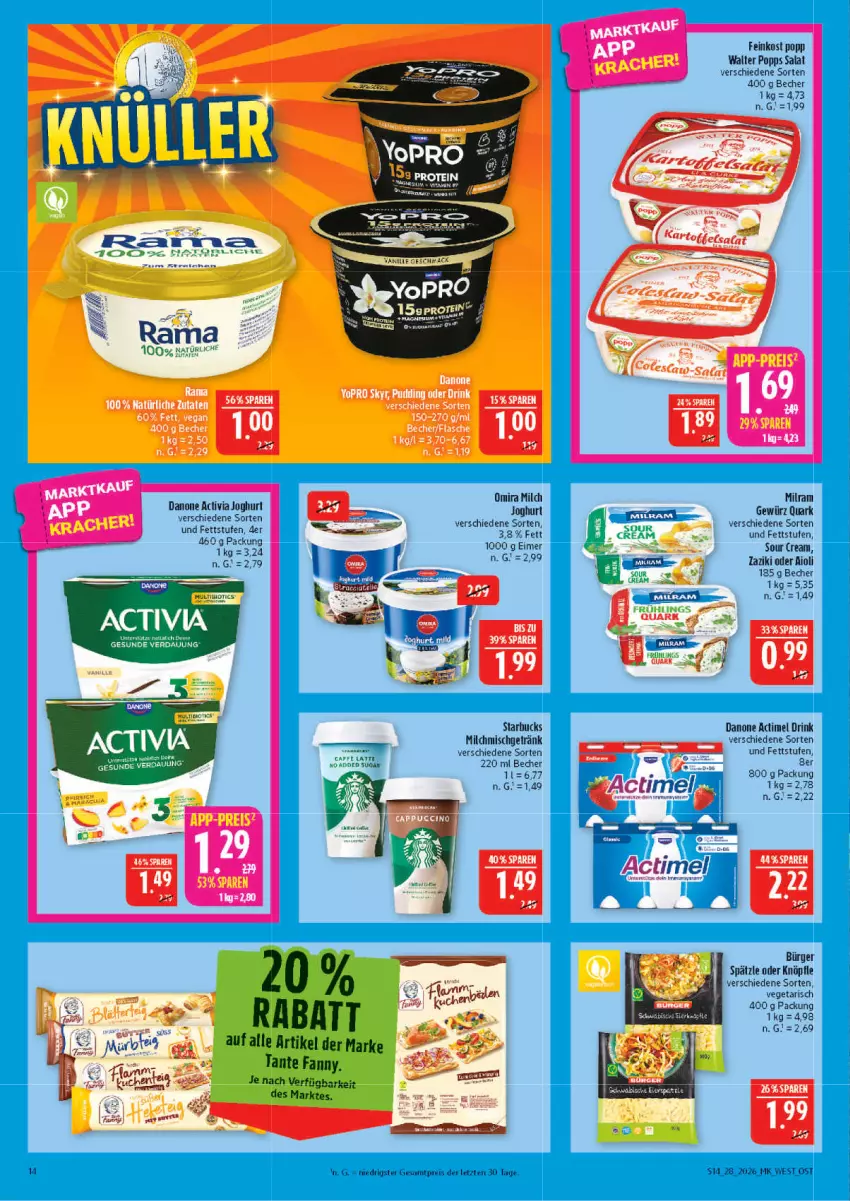 Aktueller Prospekt Marktkauf - Prospekt - von 05.07 bis 11.07.2026 - strona 14 - produkty: actimel, actimel drink, activia, activia joghurt, aioli, Becher, danone, danone actimel drink, danone activia, drink, eimer, eis, ente, feinkost, getränk, gewürz, joghur, joghurt, milch, milram, Popp, quark, reis, salat, sour cream, starbucks, tante fanny, Ti, Vegeta, zaziki, ZTE