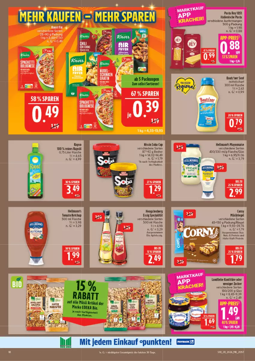 Aktueller Prospekt Marktkauf - Prospekt - von 05.07 bis 11.07.2026 - strona 18 - produkty: apfel, apfelessig, Bau, Becher, bio, essig, flasche, hengstenberg, italienische pasta, konfitüre, mayonnaise, Nissin, pasta, rapso, rapsöl, reines rapsöl, riegel, senf, Skyr, Spezi, Yo, zucker