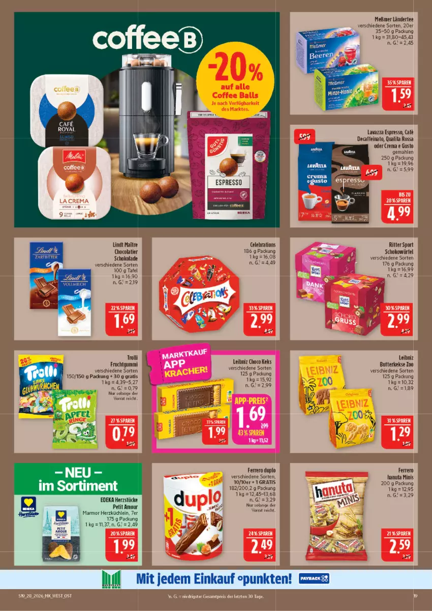Aktueller Prospekt Marktkauf - Prospekt - von 05.07 bis 11.07.2026 - strona 19 - produkty: butter, butterkeks, cola, deka, duplo, eis, espresso, ferrero, frucht, fruchtgummi, hanuta, keks, kekse, Ländertee, lavazza, leibniz, lindt, Meßmer, ritter, ritter sport, schoko, schokolade, Sport, tee, Ti, trolli