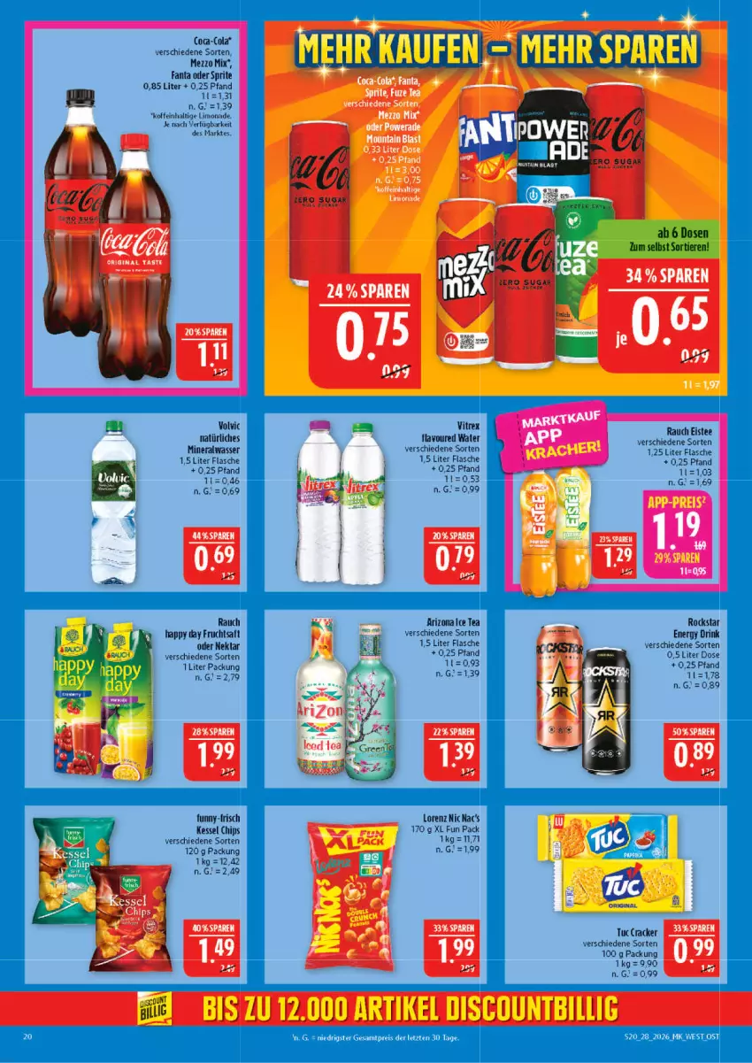 Aktueller Prospekt Marktkauf - Prospekt - von 05.07 bis 11.07.2026 - strona 20 - produkty: Alwa, chips, cola, cracker, drink, eis, eistee, energy drink, fanta, fanta oder, fanta oder sprite, flasche, frucht, fruchtsaft, gin, Happy Day, ice tea, limo, limonade, lorenz, Mezzo Mix, mineralwasser, natürliches mineralwasser, Nektar, oder sprite, Rauch, Rockstar, saft, sprite, tee, Ti, Tiere, tuc, vitrex, volvic, volvic natürliches, wasser