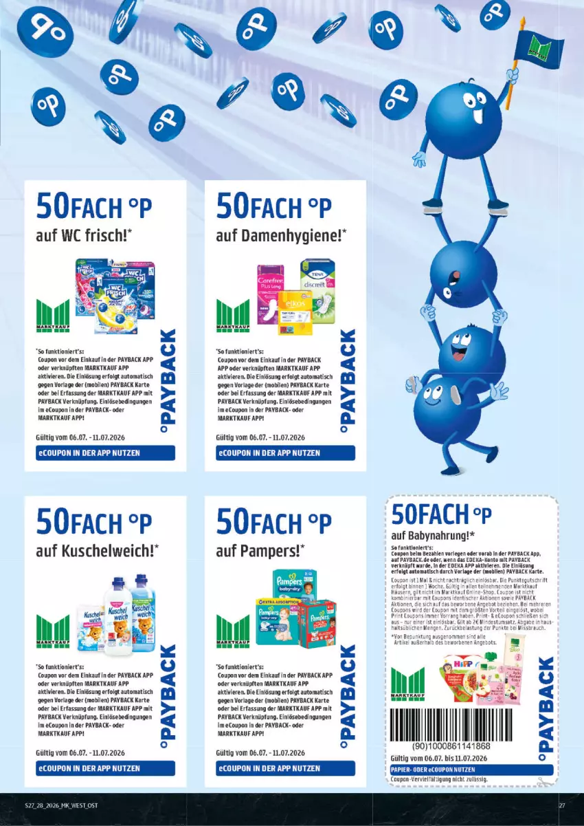 Aktueller Prospekt Marktkauf - Prospekt - von 05.07 bis 11.07.2026 - strona 27 - produkty: angebot, auto, Babynahrung, coupon, coupons, deka, HP, Kuschelweich, LG, pampers, papier, payback, Rauch, Sofa, Ti, tisch, wc frisch, Yo