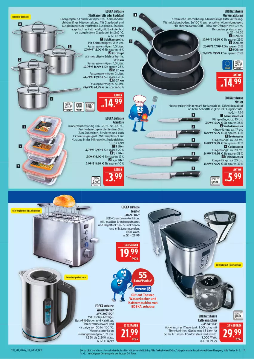 Aktueller Prospekt Marktkauf - Prospekt - von 05.07 bis 11.07.2026 - strona 31 - produkty: backofen, Bagel, brot, brötchen, brötchenaufsatz, decke, Deckel, deka, edelstahl, eis, elle, fleisch, Glasdeckel, kaffee, kaffeemaschine, Kocher, Kochtopf, LG, messer, mikrowelle, Ofen, pfanne, reis, stielkasserolle, tasse, Ti, timer, toast, toaster, topf, wasser, wasserkocher, wassertank, ZTE