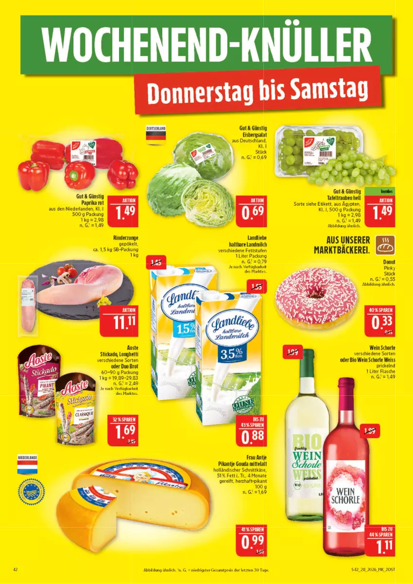 Aktueller Prospekt Marktkauf - Prospekt - von 05.07 bis 11.07.2026 - strona 42 - produkty: aoste stickado, bio, brot, Donut, eis, eisbergsalat, flasche, frau antje, gouda, holländischer schnittkäse, Käse, landmilch, milch, reis, rind, rinder, Rinderzunge, salat, schnittkäse, schorle, stickado, tafeltrauben, Ti, trauben, wein, ZTE