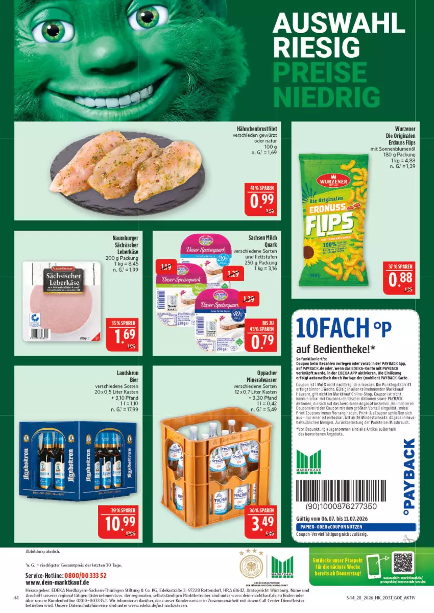 Aktueller Prospekt Marktkauf - Prospekt - von 05.07 bis 11.07.2026 - strona 44 - produkty: Alwa, Astra, auto, bier, blume, blumen, blumenöl, brustfilet, burger, coupon, deka, eis, ente, erdnuss, filet, gewürz, gin, hähnchenbrust, hähnchenbrustfilet, Käse, LG, milch, mineralwasser, natur, nuss, papier, payback, quark, reis, ring, sac, sonnenblume, sonnenblumen, sonnenblumenöl, Ti, tisch, wasser, ZTE
