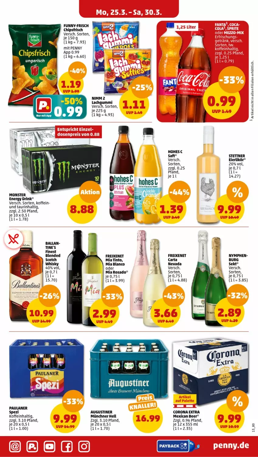 Aktueller Prospekt Penny - Prospekte - von 25.03 bis 30.03.2024 - strona 13 - produkty: ball, chips, chipsfrisch, corona, corona extra, drink, eier, eierlikör, energy drink, freixenet, funny-frisch, Hohes C, lachgummi, likör, monster, Nimm 2, Paula, paulaner, saft, scotch, Spezi, Ti