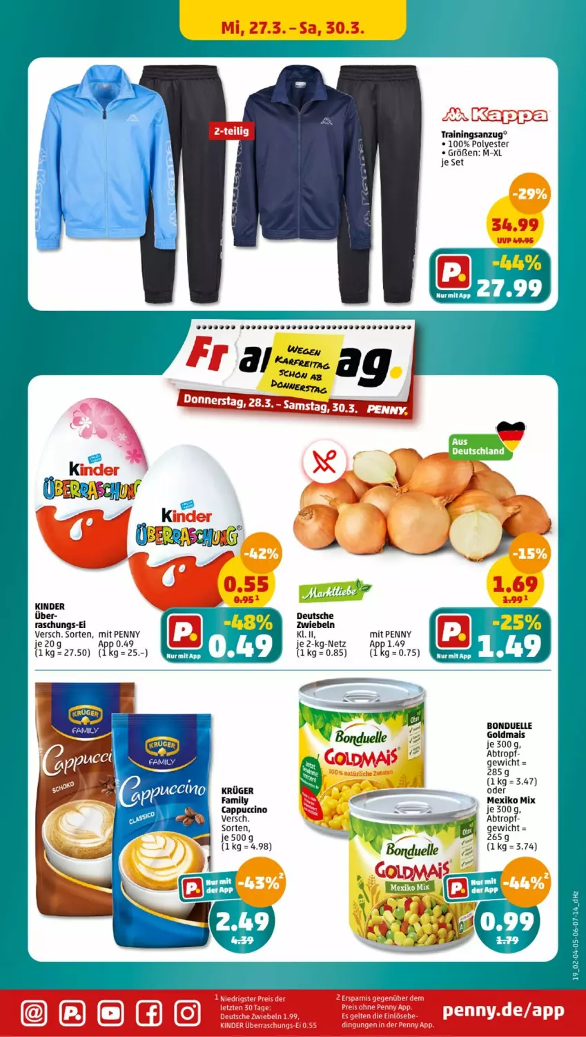 Aktueller Prospekt Penny - Prospekte - von 25.03 bis 30.03.2024 - strona 19 - produkty: Anzug, bonduelle, bonduelle goldmais, Cap, cappuccino, cin, elle, Goldmais, Kinder, krüger, mais, Ti, trainingsanzug, zwiebel, zwiebeln