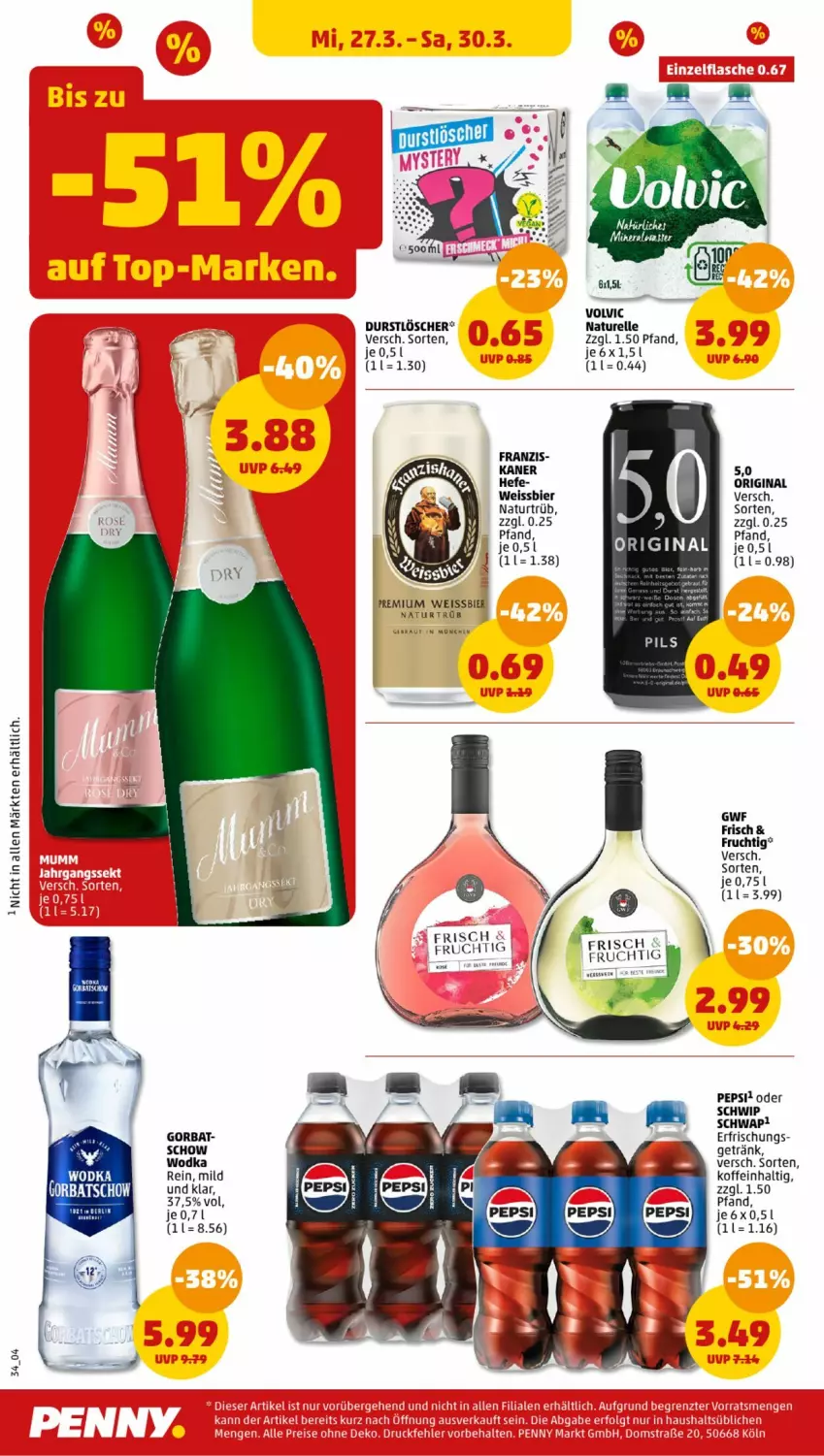 Aktueller Prospekt Penny - Prospekte - von 25.03 bis 30.03.2024 - strona 34 - produkty: Bau, bier, durstlöscher, eis, elle, frucht, getränk, gin, Hefe, natur, pepsi, rel, Schwip Schwap, Ti, weissbier, wodka