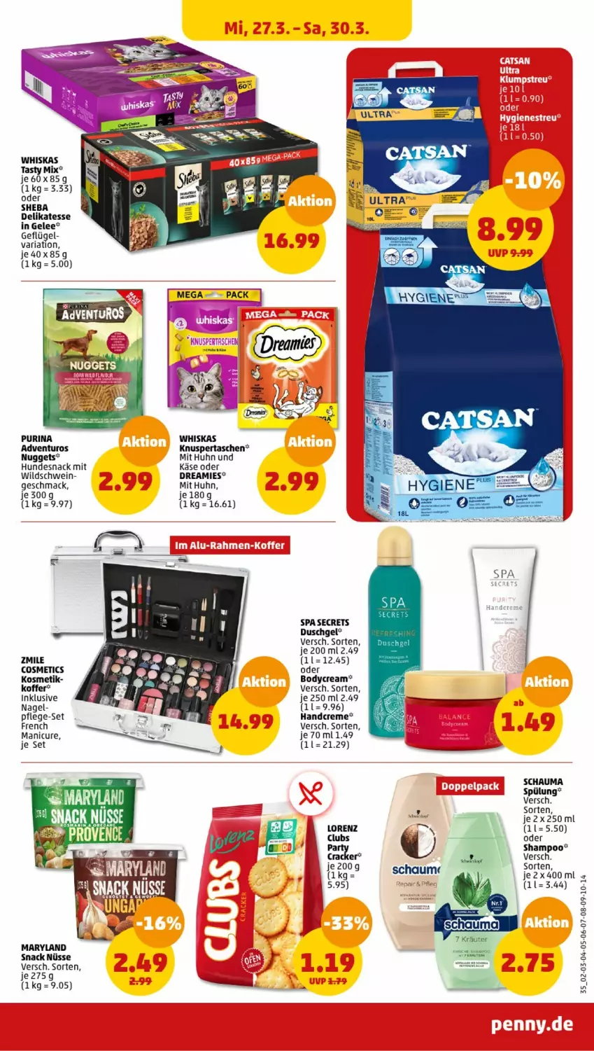 Aktueller Prospekt Penny - Prospekte - von 25.03 bis 30.03.2024 - strona 35 - produkty: adventuros, body, cracker, creme, dreamies, duschgel, Geflügel, gelee, hama, handcreme, hundesnack, Käse, koffer, kosmetik, kräuter, mac, nuggets, purina, Ria, schauma, schwein, shampoo, sheba, snack, spülung, Tasche, taschen, Ti, wein, Wild, Wildschwein