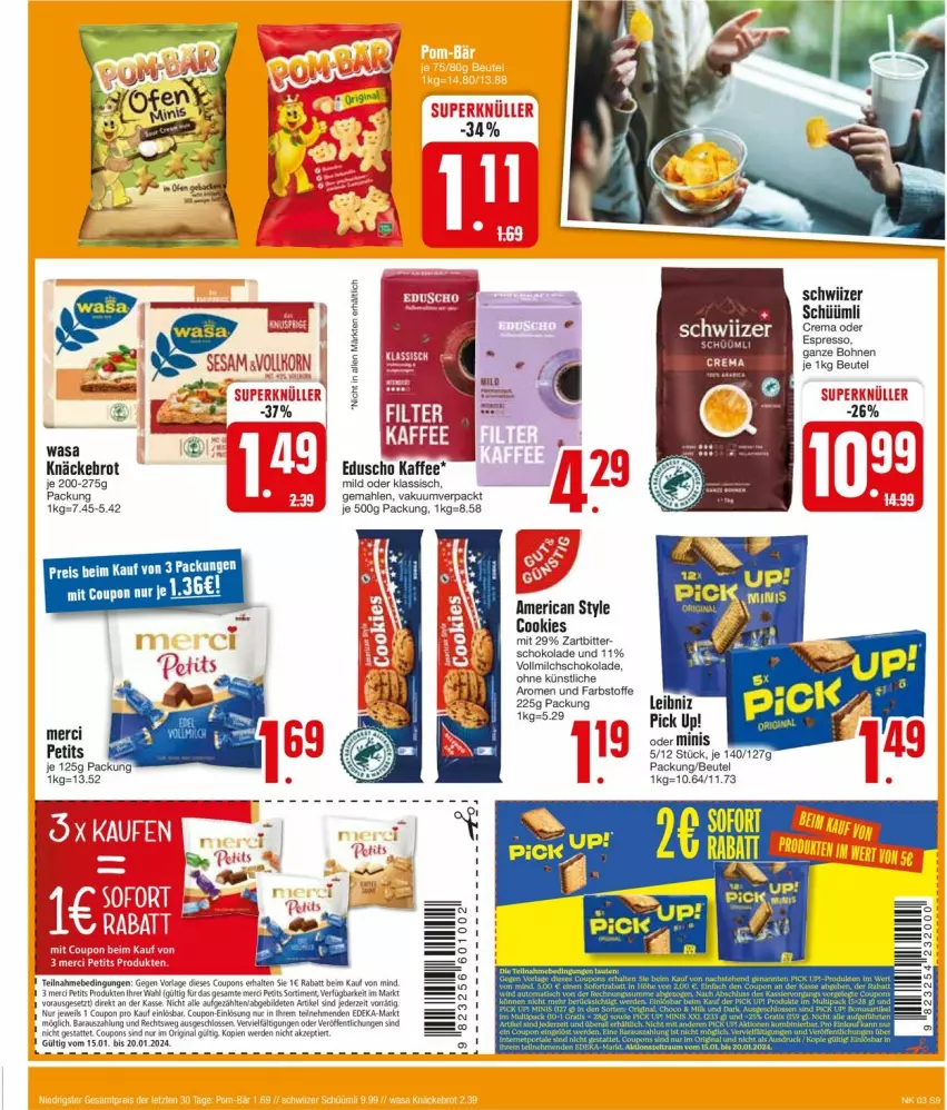 Aktueller Prospekt Edeka - Prospekte - von 15.01 bis 20.01.2024 - strona 11 - produkty: beutel, bohne, bohnen, brot, cookie, cookies, coupon, coupons, deka, eis, erde, espresso, gin, kaffee, knäckebrot, merci, milch, oder espresso, Pick Up!, reis, schoko, schokolade, sesam, Ti, vollmilch, wasa, ZTE