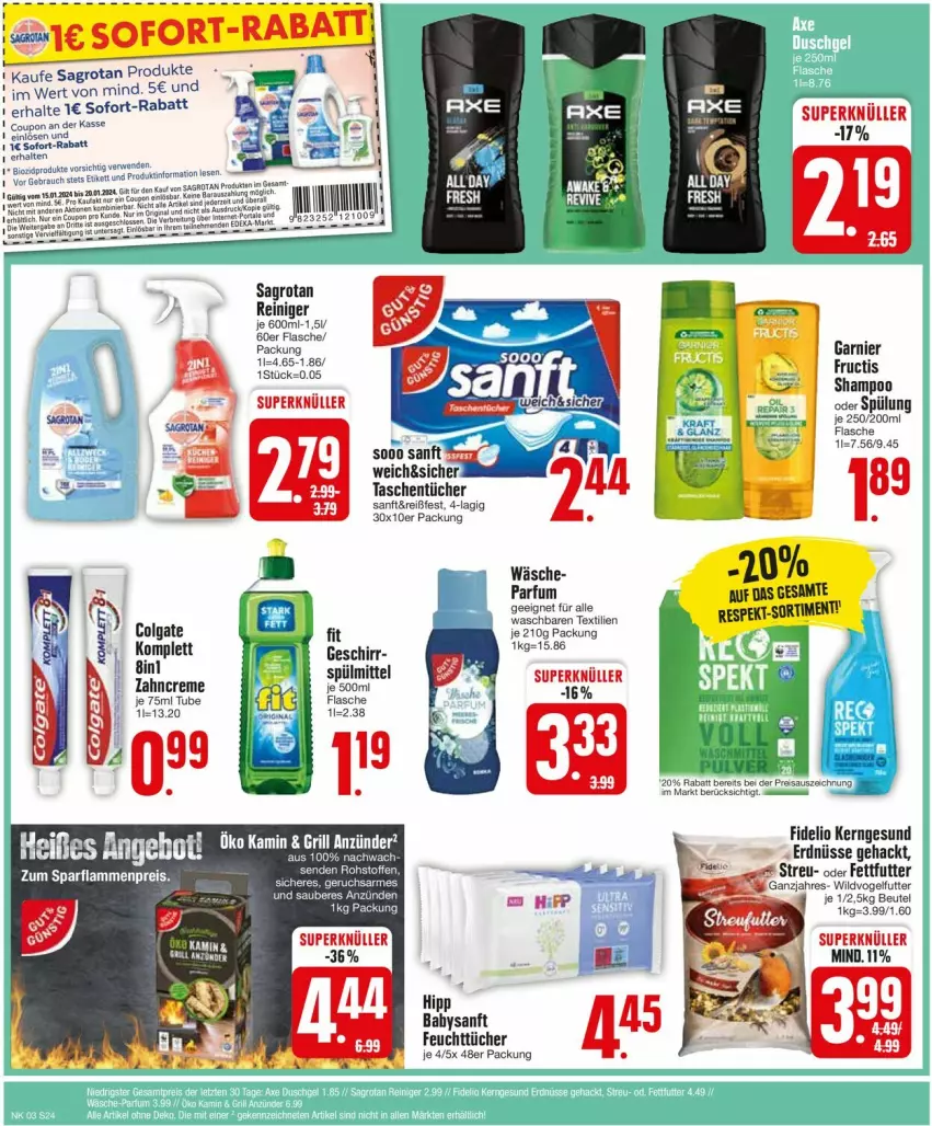 Aktueller Prospekt Edeka - Prospekte - von 15.01 bis 20.01.2024 - strona 26 - produkty: anzünder, beutel, colgate, creme, eis, erdnüsse, feuchttücher, flasche, fructis, garnier, geschirr, grill, hipp, Hysan, Kamin, lamm, LG, parfum, reiniger, reis, sagrotan, shampoo, shampoo oder spülung, sofort-rabatt, spülung, Tasche, taschen, taschentücher, Ti, tücher, Vogelfutter, Wild, zahncreme