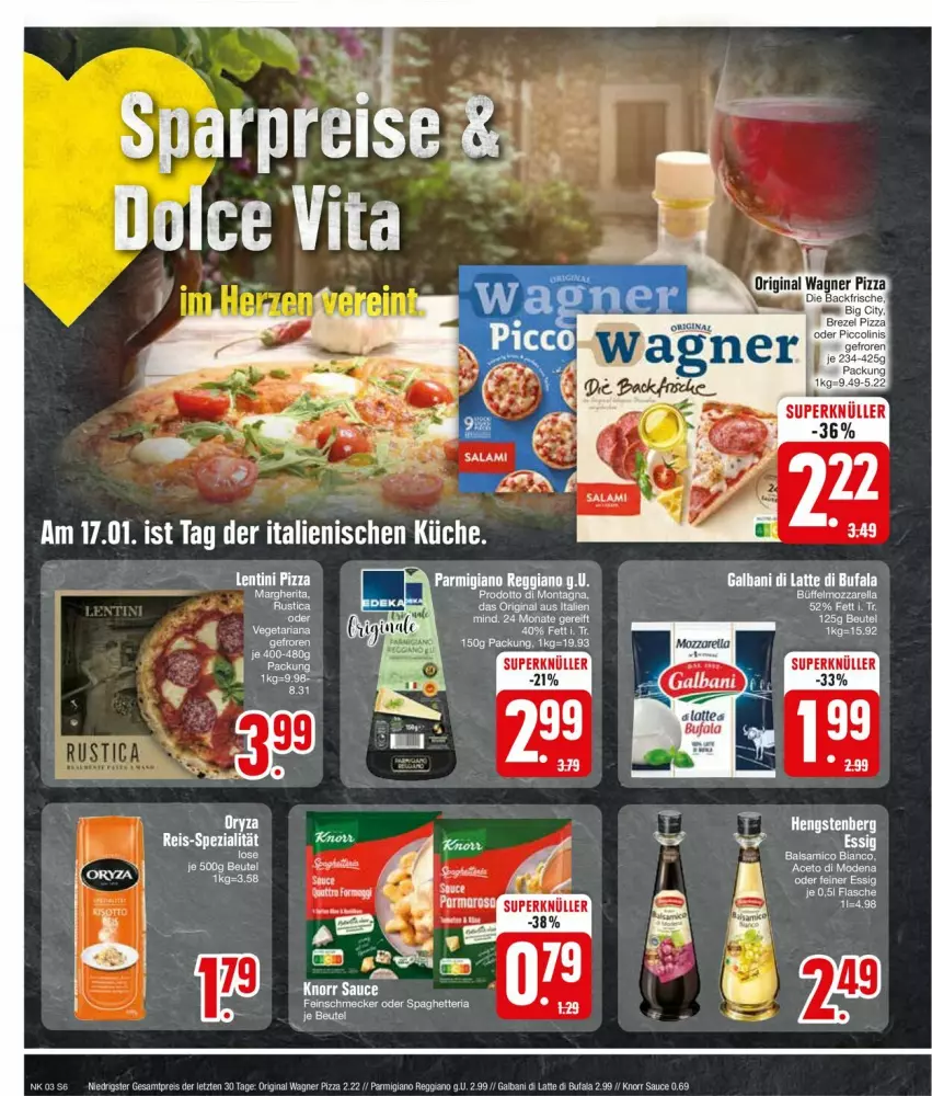 Aktueller Prospekt Edeka - Prospekte - von 15.01 bis 20.01.2024 - strona 8 - produkty: balsam, balsamico, balsamico bianco, beutel, di bufala, eis, ente, galbani, gin, hengstenberg, knorr, latte, original wagner, parmigiano, parmigiano reggiano, pizza, reggiano, reis, sauce, vita, wagner, ZTE