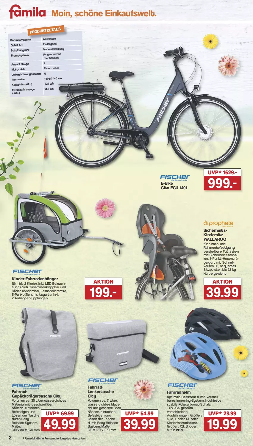 Aktueller Prospekt Famila - Prospekte - von 29.04 bis 04.05.2024 - strona 2 - produkty: akku, Anhänger, beleuchtung, Bona, E-Bike, eis, elle, Fahrrad, fahrradhelm, felgen, gabel, hose, hosen, Kinder, Kinderfahrrad, Kindersitz, led-beleuchtung, LG, reis, rel, Ria, ring, Schal, Schale, Tasche, teller, Ti, wasser