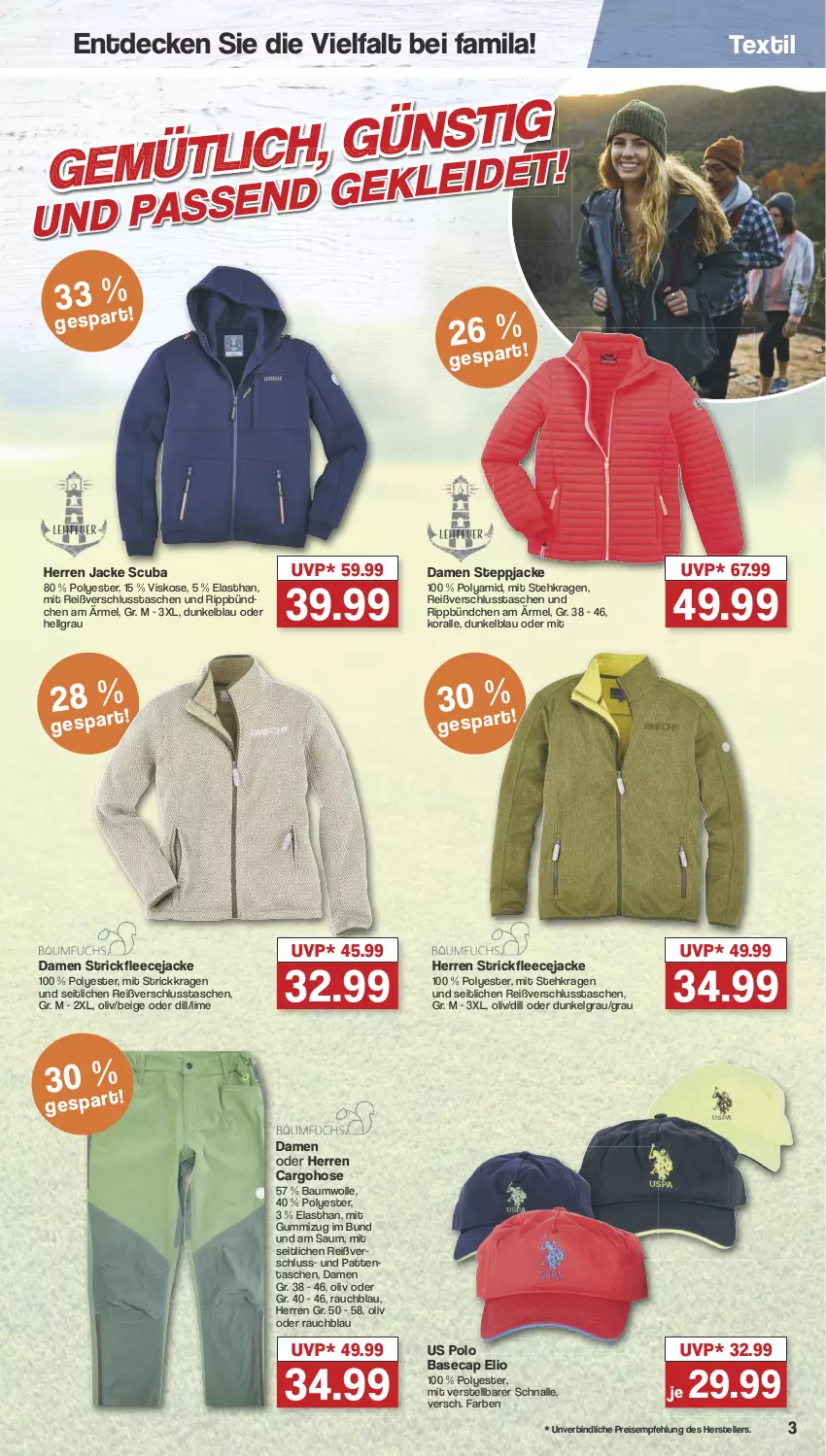 Aktueller Prospekt Famila - Prospekte - von 29.04 bis 04.05.2024 - strona 3 - produkty: Bau, baumwolle, Cap, decke, eis, elle, Fleecejacke, hose, Jacke, LG, Rauch, reis, Steppjacke, Strickfleecejacke, Tasche, taschen, teller, Ti, wolle