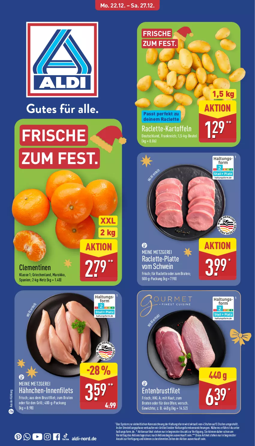 Aktueller Prospekt Aldi Nord - Von Montag - von 22.12 bis 27.12.2025 - strona 1 - produkty: aldi, beutel, bio, braten, brustfilet, clementinen, ente, Entenbrust, filet, filets, gin, grill, Hähnchen-Innenfilets, kartoffel, kartoffeln, latte, Ofen, schwein, Ti, wein, ZTE