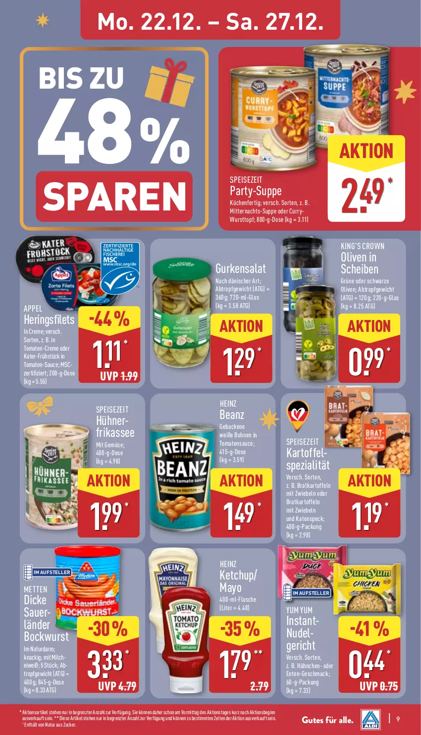 Aktueller Prospekt Aldi Nord - Von Montag - von 22.12 bis 27.12.2025 - strona 10 - produkty: auer, beanz, bockwurst, bohne, bohnen, creme, curry, currywurst, eis, elle, ente, filet, filets, flasche, geback, gin, gurke, gurken, gurkensalat, heinz, hering, Herings, hühner, kartoffel, kartoffeln, ketchup, küche, Küchen, mac, Mett, metten, milch, mit gemüse, mit zwiebeln, natur, nudel, olive, oliven, ring, salat, sauce, Speck, Spezi, suppe, teller, Ti, tomate, tomaten, tomatensauce, topf, Weiße Bohnen, wurst, Yo, Yum Yum, ZTE, zucker, zwiebel, zwiebeln