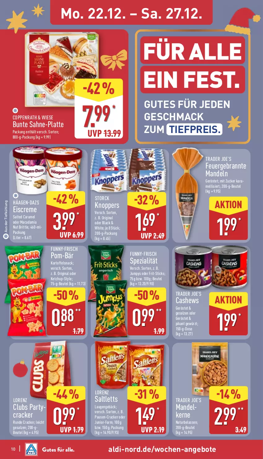 Aktueller Prospekt Aldi Nord - Von Montag - von 22.12 bis 27.12.2025 - strona 11 - produkty: aldi, angebot, angebote, aus der tiefkühlung, beutel, caramel, Cashew, coppenrath, cracker, creme, eis, eiscreme, Frit-Sticks, funny-frisch, gewürz, gin, häagen-dazs, kartoffel, ketchup, knoppers, lack, latte, lorenz, mac, macadamia, mandel, mandeln, natur, pom-bär, reis, sahne, saltletts, salz, snack, Spezi, storck, Ti, tiefpreis, zucker