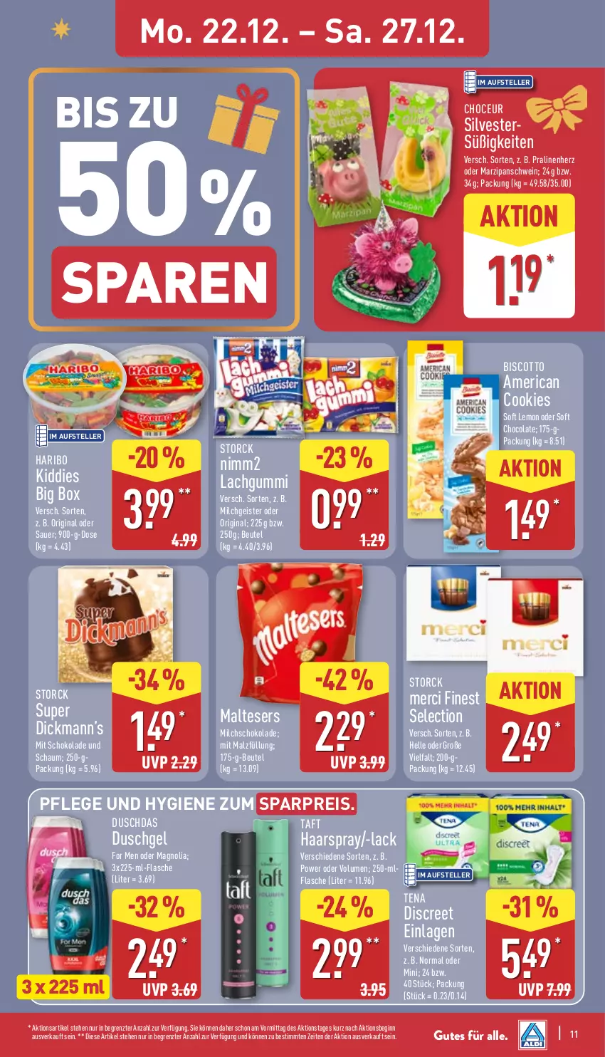 Aktueller Prospekt Aldi Nord - Von Montag - von 22.12 bis 27.12.2025 - strona 12 - produkty: auer, beutel, biscotto, cola, cookie, cookies, Discreet, duschdas, duschgel, eis, elle, flasche, gin, haarspray, haribo, lachgummi, lack, malteser, malz, marzipan, merci, milch, nimm2, pralinen, reis, schoko, schokolade, schwein, storck, Taft, teller, Ti, wein, ZTE