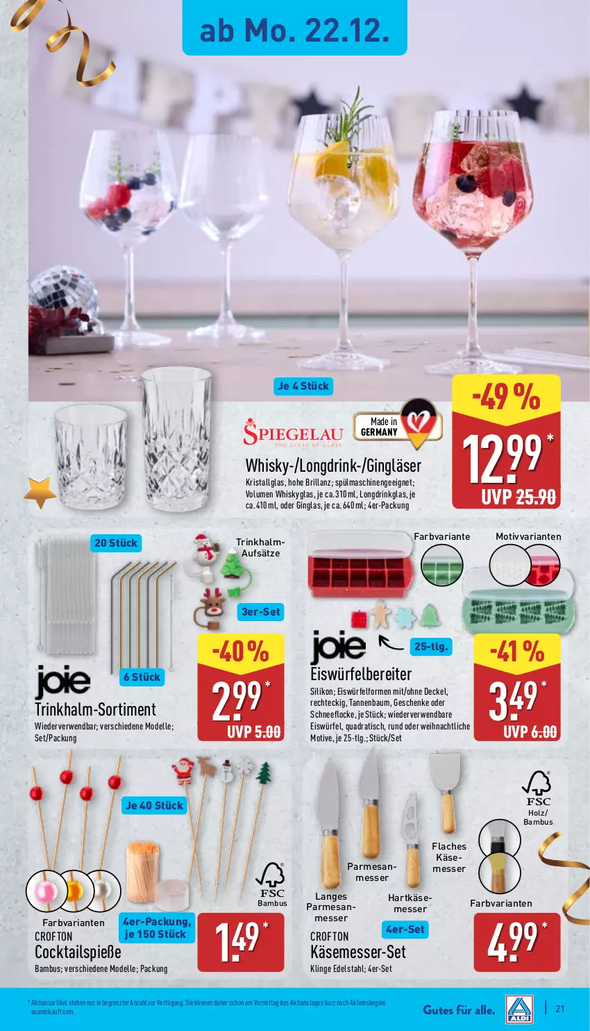 Aktueller Prospekt Aldi Nord - Von Montag - von 22.12 bis 27.12.2025 - strona 22 - produkty: bambus, Bau, cocktail, cocktails, Crofton, decke, Deckel, dell, drink, edelstahl, eis, eiswürfel, elle, Germ, gin, Gläser, hartkäse, Holz, Käse, LG, messer, Mode, quad, Ria, rwe, spülmaschinen, Tannenbaum, Ti, tisch, whisky, Whiskyglas, würfel, ZTE
