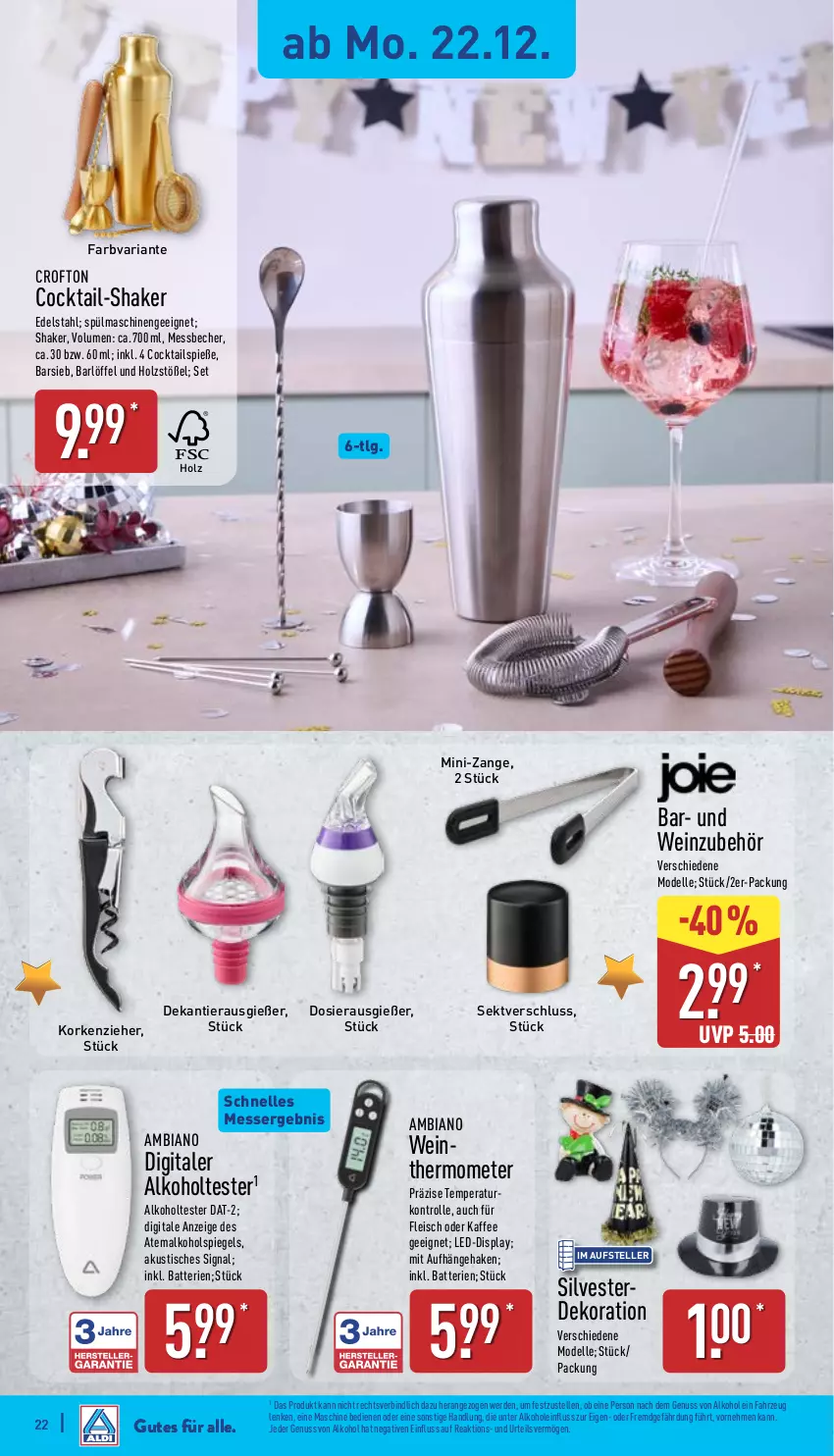 Aktueller Prospekt Aldi Nord - Von Montag - von 22.12 bis 27.12.2025 - strona 23 - produkty: alkohol, ambia, batterie, batterien, Becher, cocktail, cocktails, Crofton, deka, dekoration, dell, edelstahl, eis, elle, erde, fleisch, Holz, kaffee, LG, Löffel, Messbecher, messer, Mode, nuss, Ria, sekt, shake, Signal, spiegel, spülmaschinen, teller, thermometer, Ti, tisch, wein