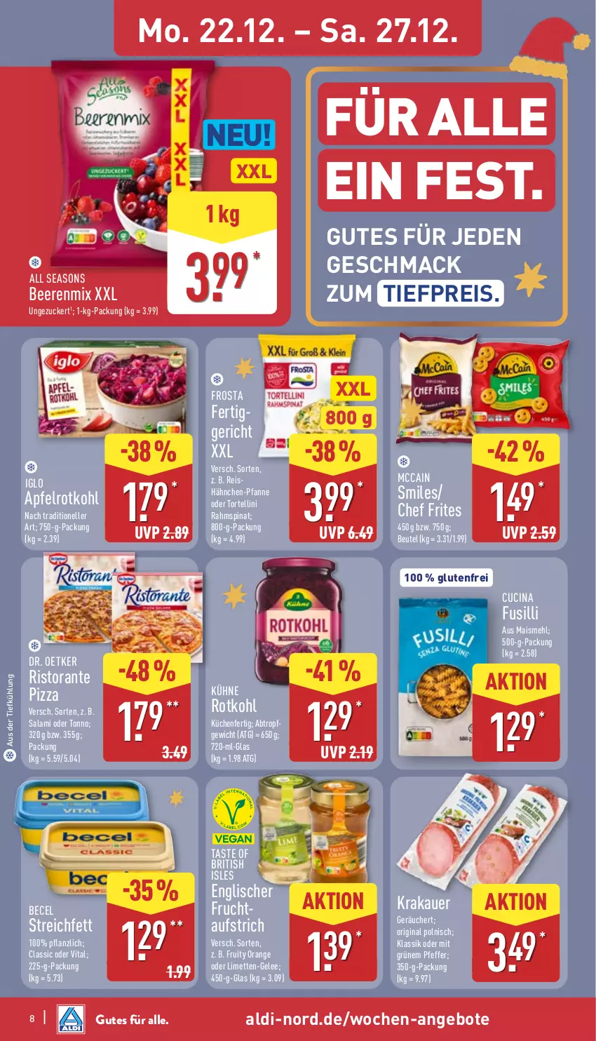 Aktueller Prospekt Aldi Nord - Von Montag - von 22.12 bis 27.12.2025 - strona 9 - produkty: aldi, angebot, angebote, apfel, auer, aufstrich, aus der tiefkühlung, becel, beere, beeren, beutel, cin, Dr. Oetker, eis, elle, frosta, frucht, fusilli, gelee, gin, iglo, krakauer, küche, Küchen, Kühne, limette, limetten, mac, mais, mccain, mehl, Mett, metten, orange, pfanne, pfeffer, pizza, reis, ristorante, ristorante pizza, rotkohl, salami, spinat, Ti, tiefpreis, torte, tortellini, vita, zucker
