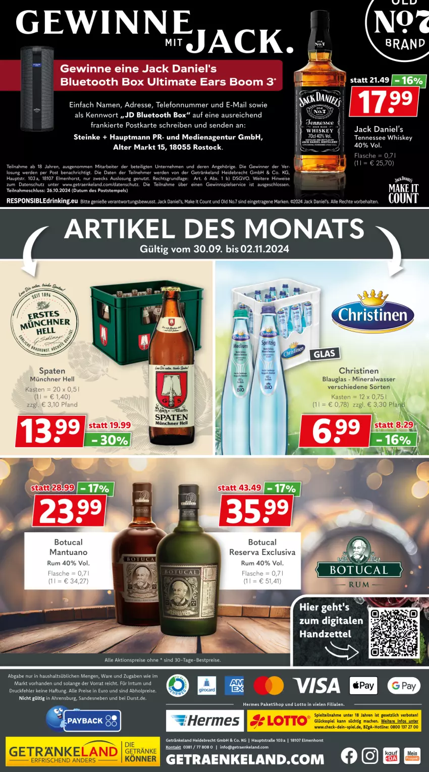 Aktueller Prospekt Getraenkeland - von 14.10 bis 26.10.2024 - strona 6 - produkty: abholpreise, aktionspreis, Alwa, bestpreis, bestpreise, drink, eis, Elan, erde, flasche, getränk, getränke, gewinnspiel, jack daniel, jack daniel's, mineralwasser, reis, rum, Spaten, telefon, tennessee whiskey, Ti, tuc, wasser, weck, whiskey