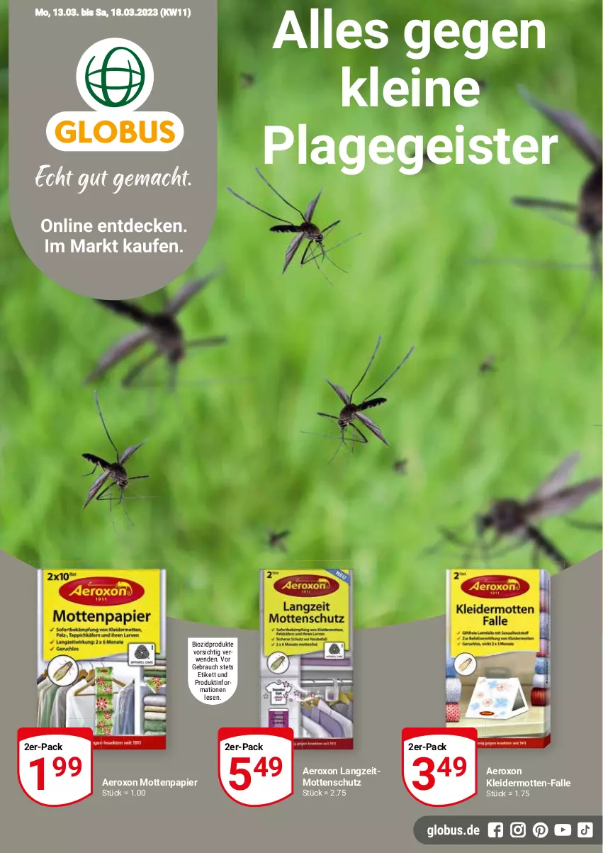 Aktueller Prospekt Globus - Prospekte - von 13.03 bis 18.03.2023 - strona 1 - produkty: aeroxon, bio, biozidprodukte, eis, kleid, kleider, leine, oxo, papier, Rauch, rwe, Ti