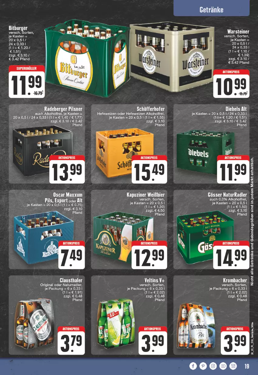 Aktueller Prospekt E Center - Angebote der Woche - von 19.06 bis 24.06.2023 - strona 19 - produkty: alkohol, aust, Berger, bier, clausthaler, getränk, getränke, gin, gösser, Hefe, hefeweizen, krombache, krombacher, natur, pils, pilsner, radeberger, radeberger pilsner, radler, schöfferhofer, steiner, Ti, veltins, warsteiner