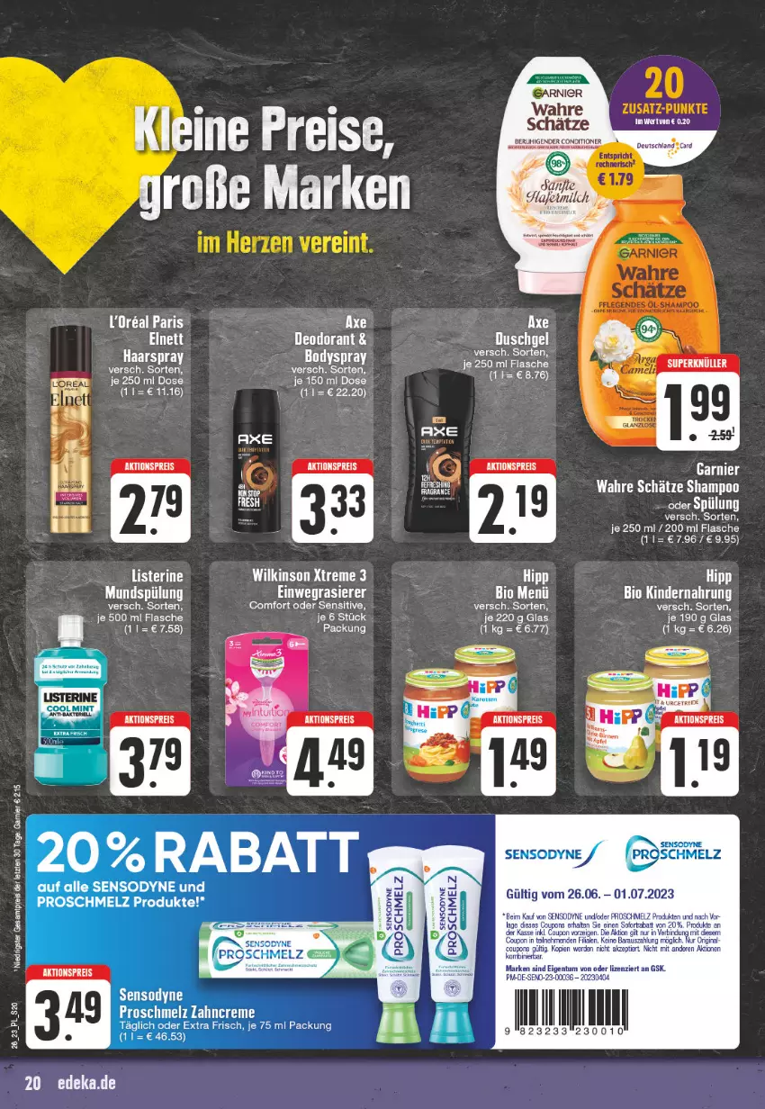 Aktueller Prospekt E Center - Angebote der Woche - von 19.06 bis 24.06.2023 - strona 20 - produkty: aktionspreis, axe, bio, body, bodyspray, deo, deodorant, duschgel, einwegrasierer, eis, flasche, garnier, haarspray, hipp, Kinder, Kindernahrung, l'oreal, listerine, mint, mundspülung, rasierer, reis, sensodyne, shampoo, spülung, Ti, Wahre Schätze, ZTE