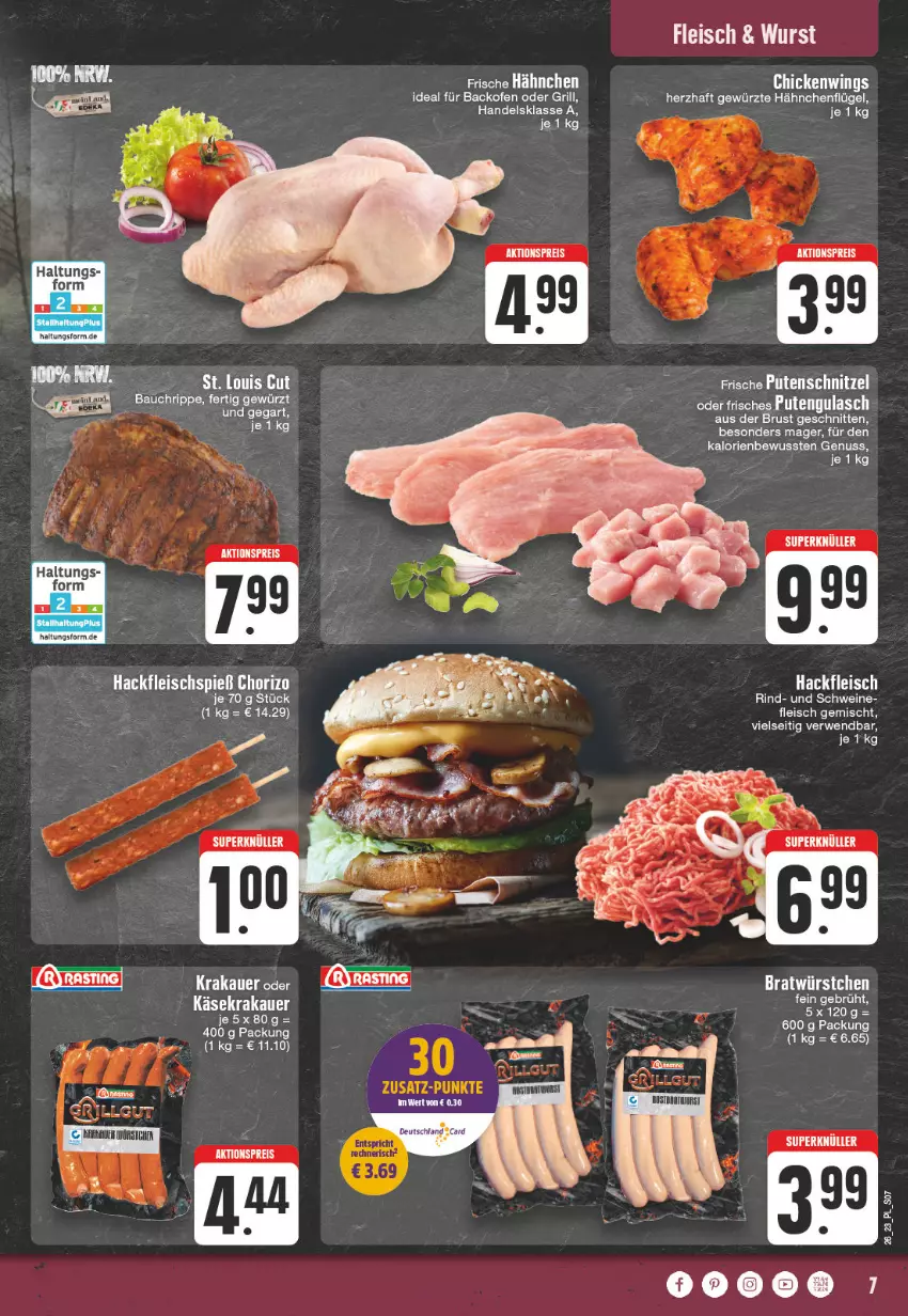 Aktueller Prospekt E Center - Angebote der Woche - von 19.06 bis 24.06.2023 - strona 7 - produkty: aktionspreis, auer, backofen, Bau, chorizo, eis, fleisch, Frische Hähnchen, gewürz, grill, gulasch, hackfleisch, hähnchenflügel, krakauer, nuss, Ofen, pute, putenschnitzel, reis, rind, rwe, schnitten, schnitzel, schwein, schweine, Ti, wein, weine, wurst, würstchen, ZTE