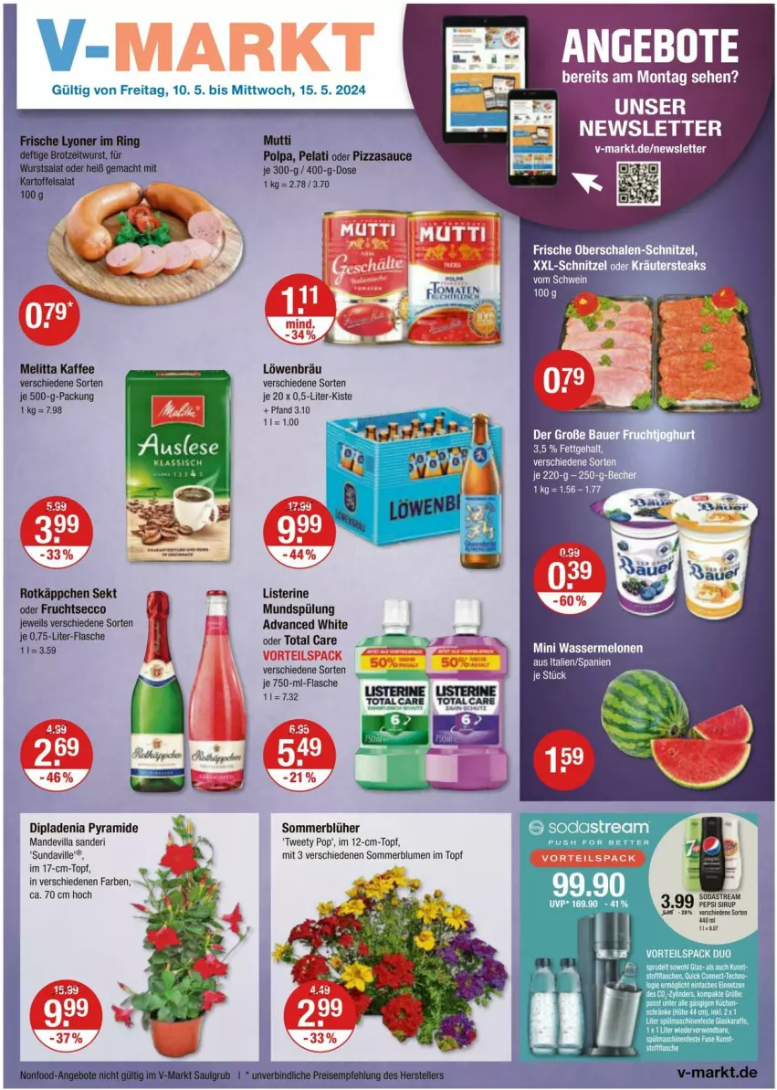 Aktueller Prospekt Vmarkt - Prospekte - von 09.05 bis 15.05.2024 - strona 1 - produkty: angebot, angebote, blume, blumen, dip, dipladenia, ecco, flasche, frucht, fruchtsecco, kaffee, listerine, melitta, mundspülung, pizza, rotkäppchen, sauce, sekt, spülung, Ti, topf, total care