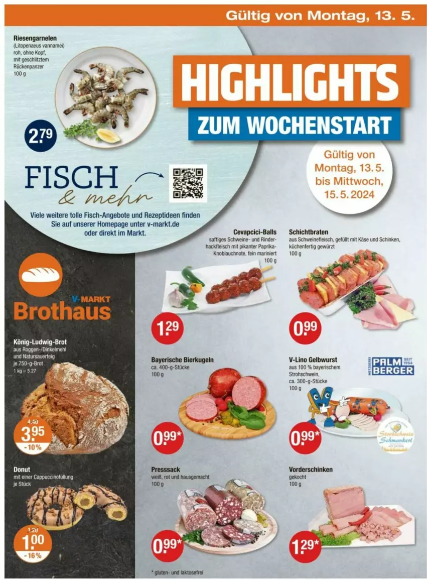 Aktueller Prospekt Vmarkt - Prospekte - von 09.05 bis 15.05.2024 - strona 22 - produkty: angebot, angebote, auer, ball, bier, braten, brot, cevapcici, eis, fisch, fleisch, garnelen, gewürz, hackfleisch, Käse, knoblauch, küche, Küchen, Kugel, mac, natur, Omep, paprika, presssack, rezept, riesengarnelen, rind, rinder, sac, saft, schinken, schwein, schweine, schweinefleisch, Ti, wein, weine, wurst, ZTE