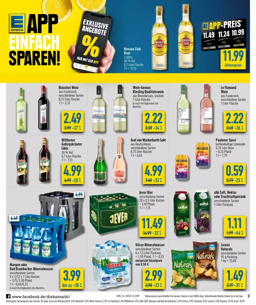 Aktueller Prospekt Diska - Prospekte - von 20.03 bis 25.03.2023 - strona 8 - produkty: aktionspreis, Alwa, Bad, bier, deka, eis, flasche, frucht, fruchtsaft, fruchtsaftgetränk, getränk, HP, jever, kräuter, likör, limo, limonade, lorenz, mineralwasser, natur, natura, Nektar, nuss, Paula, paulaner, qualitätswein, reis, riesling, saft, sekt, Spezi, Ti, vitrex, wasser, wein, wilthener, ZTE