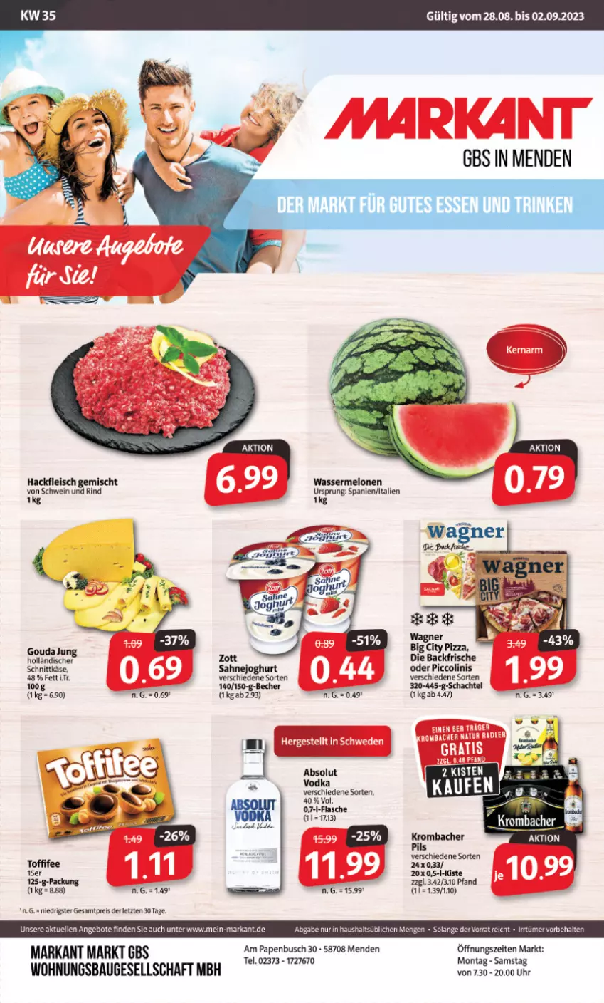 Aktueller Prospekt Markant - Prospekte - von 28.08 bis 02.09.2023 - strona 1 - produkty: angebot, angebote, Bau, Becher, eis, elle, fleisch, gouda, hackfleisch, hackfleisch gemischt, holländischer schnittkäse, joghur, joghurt, Käse, melone, melonen, oder piccolinis, piccolinis, pils, reis, rind, sahne, Sahnejoghurt, schnittkäse, schwein, schwein und rind, Ti, uhr, wasser, wassermelone, wassermelonen, wein, ZTE