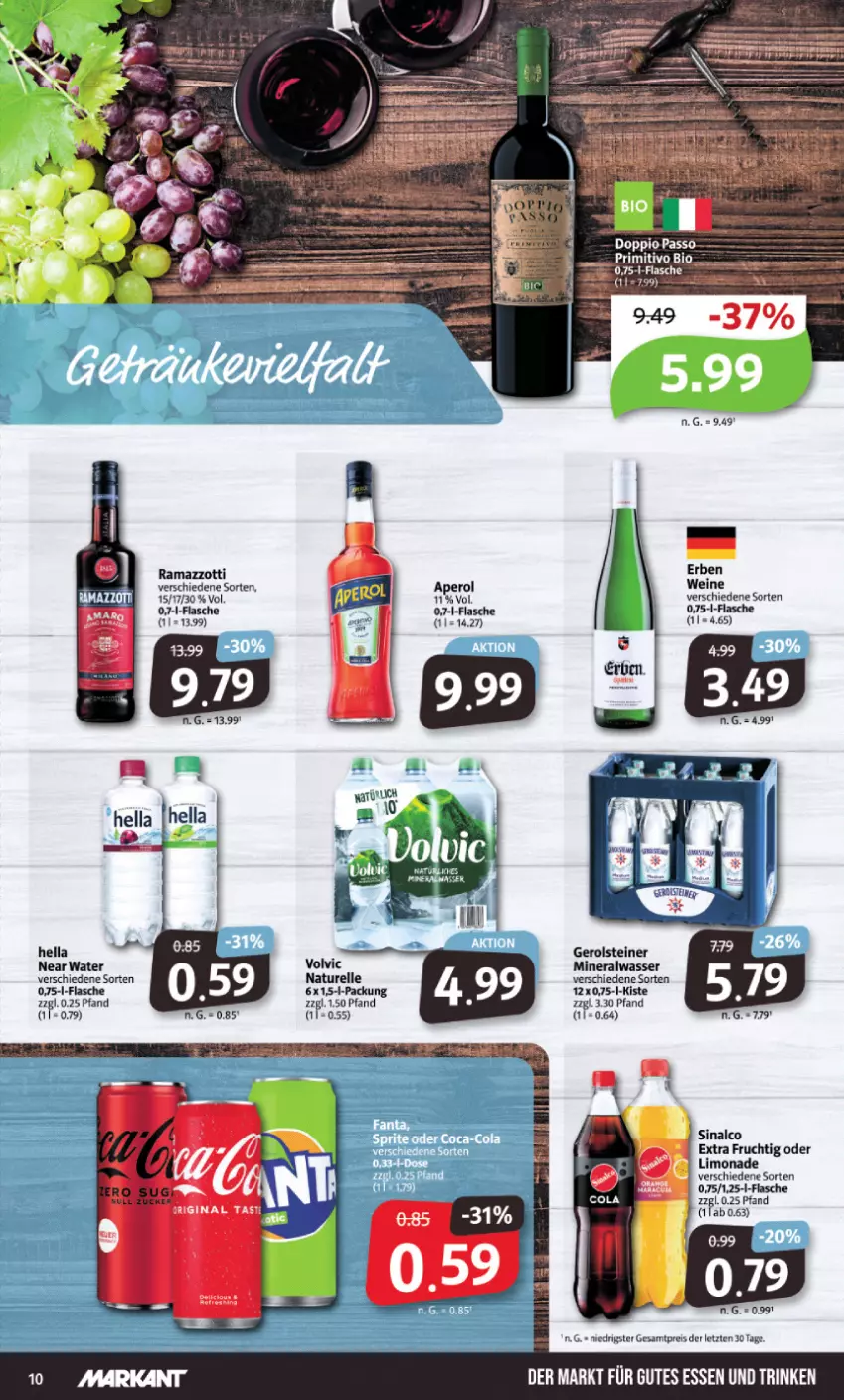 Aktueller Prospekt Markant - Prospekte - von 28.08 bis 02.09.2023 - strona 10 - produkty: Alwa, doppio passo, eis, elle, flasche, frucht, gerolsteine, gerolsteiner, gin, hella, limo, limonade, mineralwasser, natur, passo, rama, ramazzott, ramazzotti, reis, rel, sinalco, steiner, tee, Ti, volvic, wasser, wein, weine, zott, ZTE