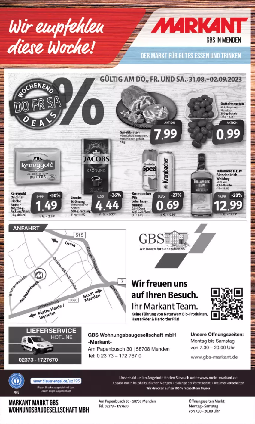 Aktueller Prospekt Markant - Prospekte - von 28.08 bis 02.09.2023 - strona 12 - produkty: angebot, angebote, Bau, Bebe, bio, brot, butter, elle, erde, flasche, gin, hasseröder, irische butter, irish whiskey, lieferservice, natur, pils, rwe, Schal, Schale, Ti, uhr, whiskey