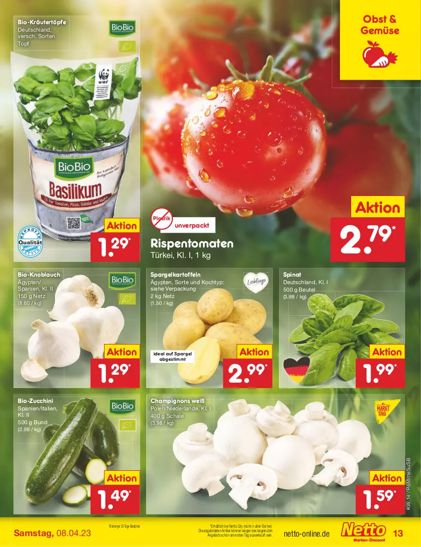 Aktueller Prospekt Netto Marken-Discount - Filial-Angebote - von 03.04 bis 08.04.2023 - strona 13 - produkty: angebot, asti, bestpreis, beutel, bio, bio-zucchini, champignon, champignons, eis, kartoffel, kartoffeln, knoblauch, kräuter, obst, reis, rispentomaten, Schal, Schale, spargel, spinat, Ti, tomate, tomaten, topf, usb, ZTE, zucchini