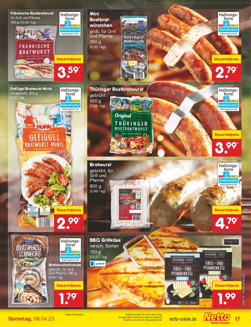 Aktueller Prospekt Netto Marken-Discount - Filial-Angebote - von 03.04 bis 08.04.2023 - strona 17 - produkty: angebot, auer, bestpreis, bratwurst, dauertiefpreis, eis, für grill und pfanne, Geflügel, grill, grill und pfanne, Grillkäse, Käse, pfanne, reis, ring, rostbratwurst, thüringer rostbratwurst, Ti, tiefpreis, und pfanne, usb, wurst, würstchen, ZTE