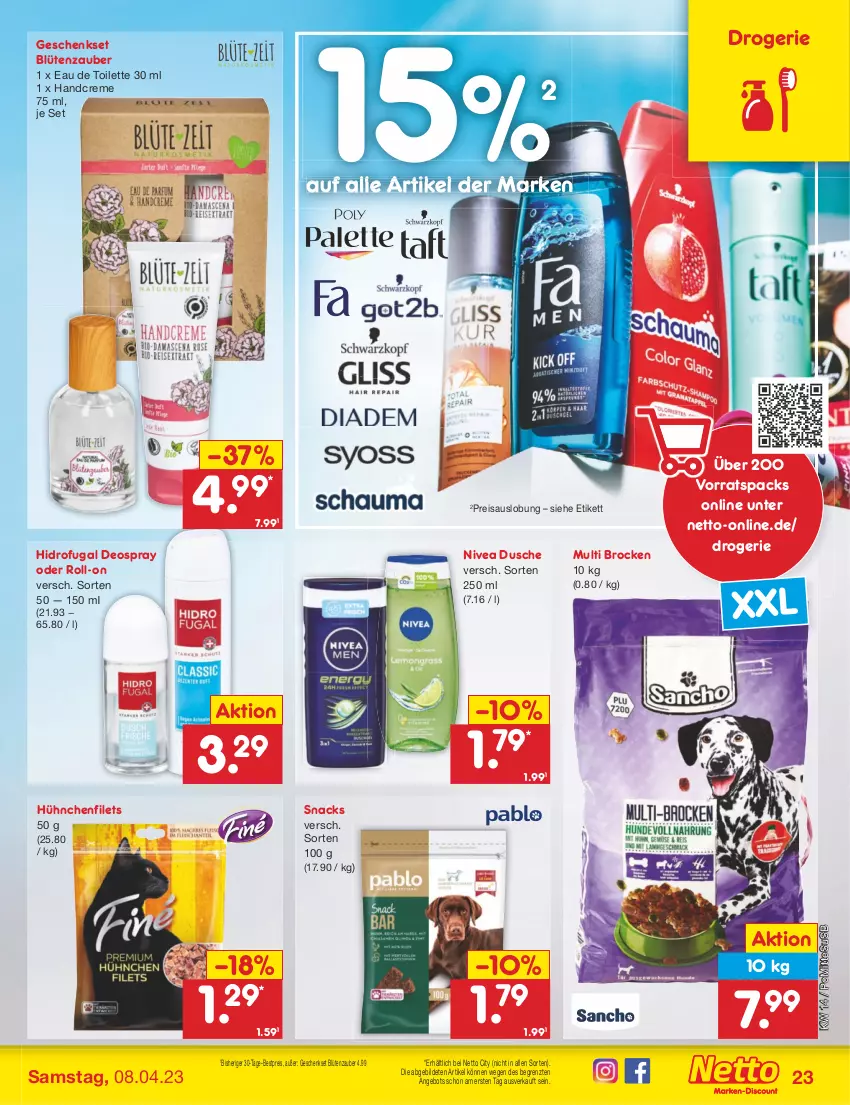 Aktueller Prospekt Netto Marken-Discount - Filial-Angebote - von 03.04 bis 08.04.2023 - strona 23 - produkty: angebot, bestpreis, Blüte, Brock, creme, deo, deospray, dusche, eau de toilette, eau de toilette 30 ml, eis, filet, filets, geschenkset, handcreme, nivea, reis, roll-on, snack, snacks, Ti, usb, ZTE