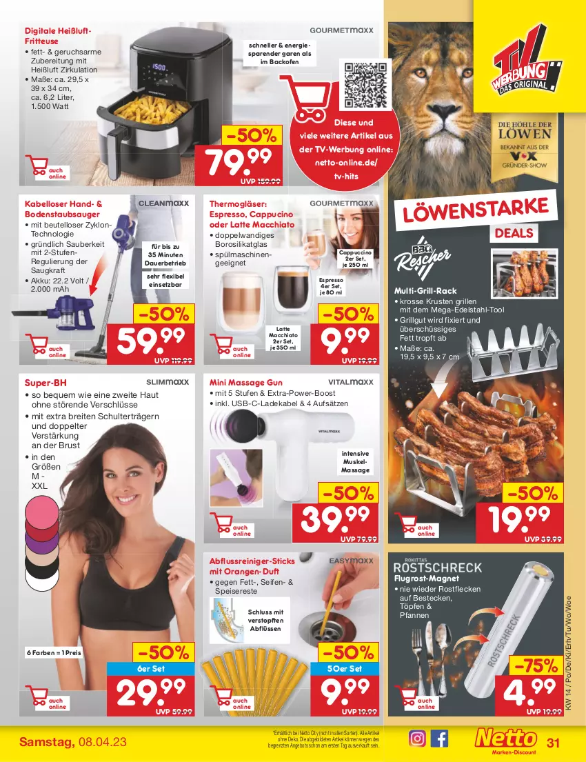 Aktueller Prospekt Netto Marken-Discount - Filial-Angebote - von 03.04 bis 08.04.2023 - strona 31 - produkty: ACC, akku, angebot, auer, backofen, besteck, bestecke, beutel, bodenstaubsauger, Brei, Cap, cappuccino, chia, cin, deka, edelstahl, eis, elle, espresso, fritteuse, Gläser, grill, Heißluftfritteuse, kraft, ladekabel, latte, latte macchiato, LG, mac, macchiato, Ofen, orange, orangen, pfanne, pfannen, reiniger, reis, Seife, spülmaschinen, staubsauger, Thermogläser, Ti, topf, usb, ZTE